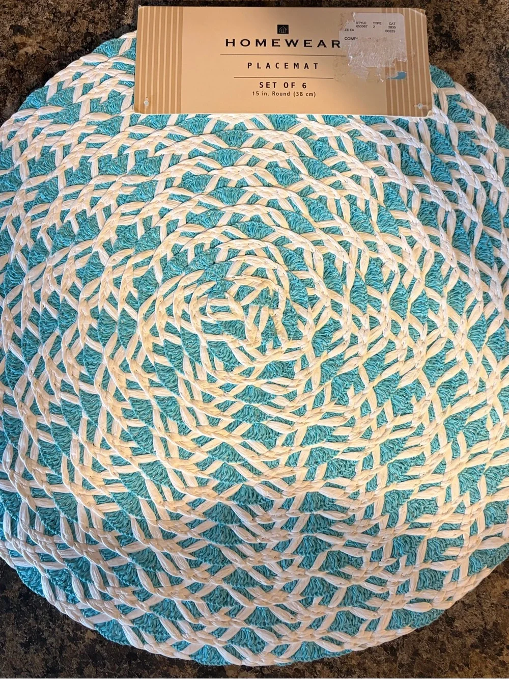 Homewear Woven Round Placemats Set of 6 Teal Blue White 15
